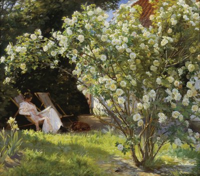 Marie Krøyer zittend in de ligstoel in de tuin bij het huis van mevrouw Bendsen door Peder Severin Krøyer